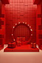3d rendering of a red room with gifts and boxes, in the style of sculptural and geometric, relief, neo-mosaic, kodak vision3, minimalistic compositions, bentwood, nightscapes