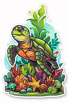 AI数字艺术卡通海洋动物海龟涂鸦插画贴纸-众图网