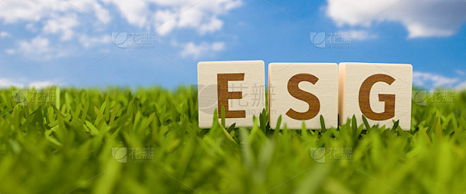 木质立方体上的ESG(环境社会治理)这几个字母矗立在草地上，以蓝天为背景。投资中的ESG标准概念。有