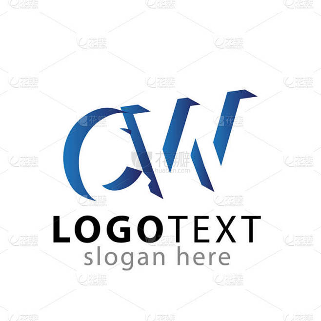 带有负空间徽标图标矢量模板的 Cw 初始字母