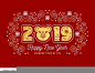 Chinese New Year greeting card, Year of the pig poster. Chinese translation: pig, golden Number 2019, Pig icon, trendy swirls on a red background. Elegant vector illustration