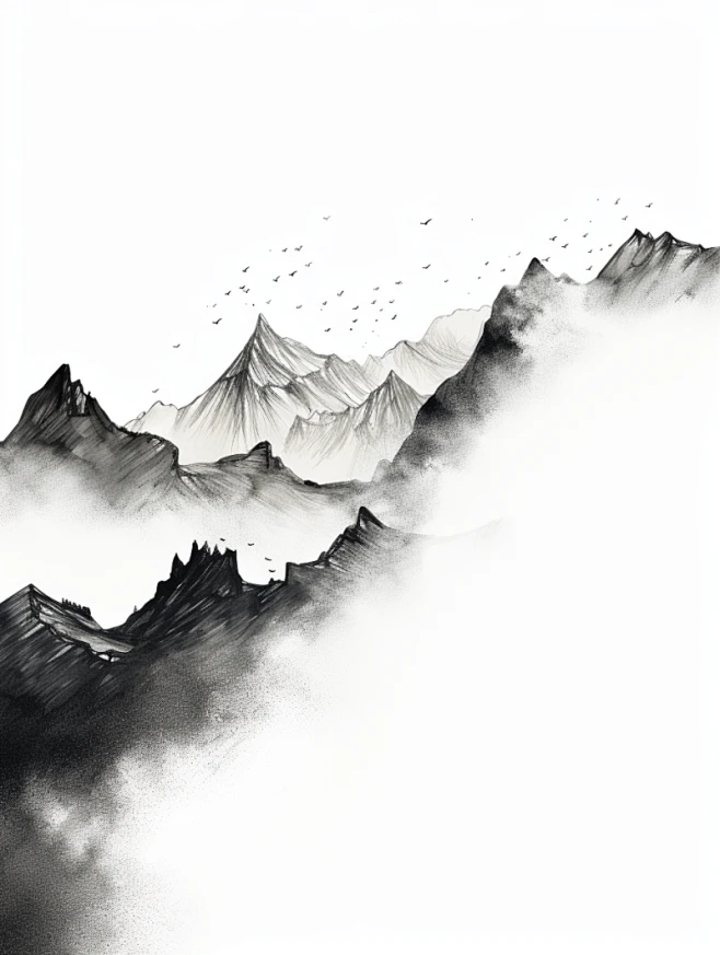 极简主义山水插图，水墨山脉由不同的线条组成黑白 花瓣网 