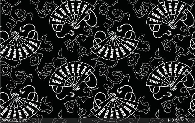日式风格黑白折扇花纹平铺背景矢量素材