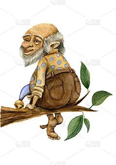 这是一幅手绘水彩画，画的是一个可爱的光头小精灵，留着灰胡子，穿着一件圆点黄色衬衫，头上戴着一顶金色的