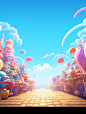 an animated cartoon style illustration, in the style of light sky-blue and light pink, fantastical street, spectacular backdrops, frontal perspective, villagecore, candycore, rtx on