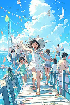 学生放暑假漫画风夏季插画