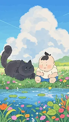 绿野呆萌小娃小猫插画图形元素