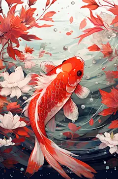 AI数字艺术中国风国潮红色锦鲤插画