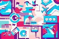 矢量几何扁平风插画  - 源文件下载【酷图网】现代,创意,几何,简约,个性,图案,扁平风,互联网,插画,AI,矢量,设计素材,UI,背景,底纹,纹理