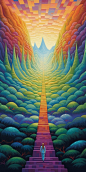 painting with a man standing on a path with a rainbow in the distance, in the style of illusory tessellations, textured, organic landscapes, sung kim, light yellow and dark cyan, mark henson, calming symmetry, passage
