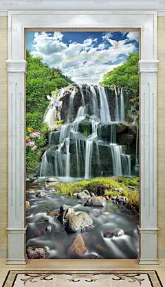 超高山清水秀山水瀑布大自然风景玄关背景墙