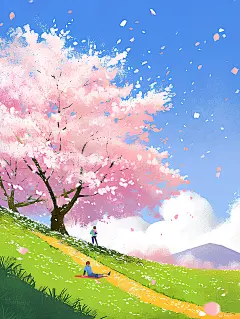 樱花季在盛开的樱花树下春天插画背景