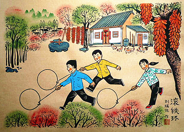 风筝儿童游戏农村春天乡野小孩娱乐幼儿园装...