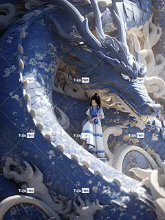 青花瓷龙前站着一位中国小美女，锡箔金，身穿华丽汉服，锡箔金白