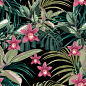 ficus palm leaves and pink orchid flowers pattern