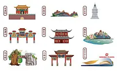 图标 地标 苏州 八仙山 独乐寺 插画 手绘