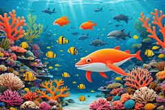 水族馆小鱼小车海洋插画图片