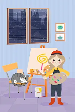 十一月你好女孩在画室画画创意手绘海报