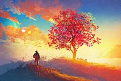 autumn landscape with alone tree on mountain