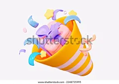 3d  confetti with gift. Party popper with firecracker on birthday and new year. Surprise bonus. Firecracker with serpentine and ribbons and stars. 3d rendering illustration.