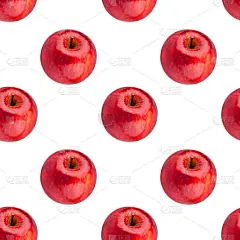 鲜红苹果的无缝图案在白色背景上孤立，明亮闪亮的苹果重复点缀，美味多汁的成熟水果背景，天然健康饮食的食