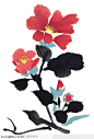中国国画之花类植物-枝上红色花卉