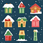 冬天房子集合。卡通雪家和乡村小屋集