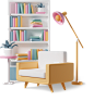 3D 带扶手椅、书柜和落地灯的室内套装