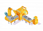 Grey yellow welding conveyor with robotic hands and computer control on white isometric