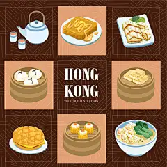 扁平化广东香港美食广式早点早茶晚茶矢量餐饮插画 AI设计素材