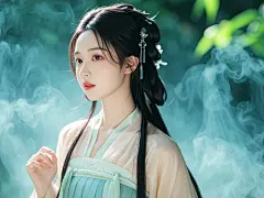 摄影写真-人像-国风仙景，国风仙境风格，古风穿搭，女孩，在森林，半身照，近景 (1)