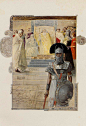#那些黄金年代#1898年出版的《Huon of Bordeaux》插图作者落款是： decorations by Eugène Grasset ，coloured plates by Manuel Orazi，就是说由前者装帧，后者设色，出版业高度发达才会有这样的工种细分...这部法国史诗描述了13世纪，查理曼大帝之子如何英勇我就不再赘述。全书→http://t.cn/RvPhtmX