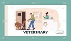 宠物医药登陆页面模板。带狗狗参观兽医诊所，主人拉不情愿的病狗到大堂