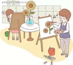 上美术课的同学画画|画架|卡通|卡通人物|卡通人物图片|漫画|漫画人物|美术课|男生|女生|人物素材|人物图片|矢量人物|矢量素材|手绘|向日葵|颜料