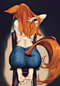 Anime 1000x1415 anime anime girls original characters redhead white tops jeans animal ears barefoot 2D artwork drawing blueorca feet tail ass