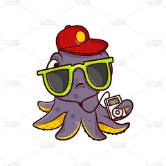 戴着太阳眼镜和红帽子的章鱼，拿着播放器听音乐。有触须的海洋生物。卡通矢量图标