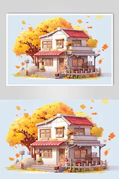 AI数字艺术小卖部落叶手绘建筑秋季插画-众图网