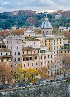 在一个阳光明媚的秋日下午，从圣天使堡(Castel Sant’angelo)看到的罗马天际线。