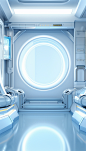 futurist spaceship interior with white walls and light, in the style of screen format, transparent layers, light blue and silver, realistic detailing, confessional, kitchen still life, spot metering