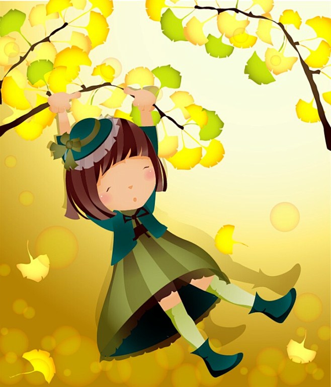 银杏树小女孩插画矢量素材