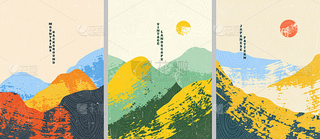 矢量插图。抽象的景观背景。手绘线条图案。...