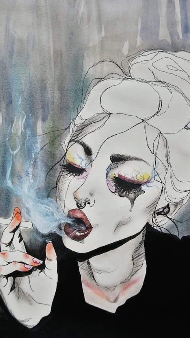 女人抽烟手绘白发