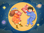 卡通手绘321世界睡眠日夜晚睡觉情侣插画背景素材