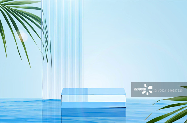 三维透明玻璃水上展台 淡蓝色背景图片素材