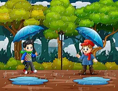 雨季带着两个男孩带着雨伞在公园里做插画