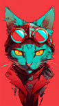 a cool cat, in the style of anime art, light red and turquoise, chromepunk, ferrania p30, social media portraiture, victor nizovtsev, red background