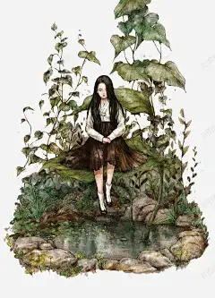 最在树丛中的小女孩高清素材 小女孩 手绘 插画 树丛 树叶 免抠png 设计图片 免费下载