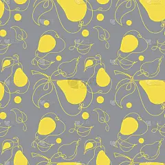 梨子一行，无缝花纹。用一条线画出新鲜水果。素描背景黄色照明，灰色。完美的面料打印，背景，智能手机壁纸