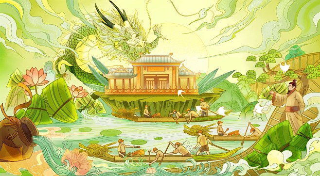 《端阳楼外楼》——端午节国风插画-古田路...