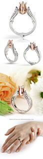 White and rose gold engagement ring with a center diamond 16 pcs. small brilliants and handmade engraving.